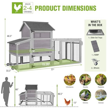 Gutinneen 77" Mobile Chicken Coop with Wheels for 4-6 Chickens, Expandable Wooden Hen House with Reinforced Nesting Box, Full-Cover UV Roof, Pull-Out Tray, Outdoor Duck Coop & Rabbit Hutch - color: (Grey-AIR27)