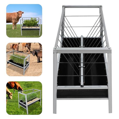 Pasture Grain & Hay Feeder 53 Gallon Heavy Duty 2-in-1 Livestock Feeder Livestock Feed Trough Feed Pan for Goats, Calves, Cow, Foal, Sheep