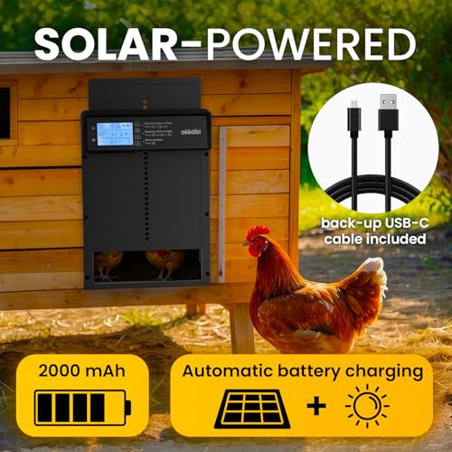 Okkobi Automatic Chicken Coop Door Solar Powered - LCD Display - Chicken Coop Door with Light Sensor & Timer - Security & Peace of Mind: Anti-Pinch Function - 5-Year Protection - Black - color: Black