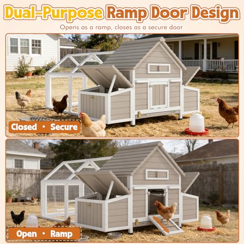 Ketive 83" L Large Chicken Coop with Run for 4-6 Chickens, Expandable Wooden Backyard Hen House Poultry Cage with 4 Reinforced Nesting Boxes, Dual Ramp Doors, Removable Slide-Out Tray, Curved Roof - size: 83.0"L x 58.0"W x 39.5"H