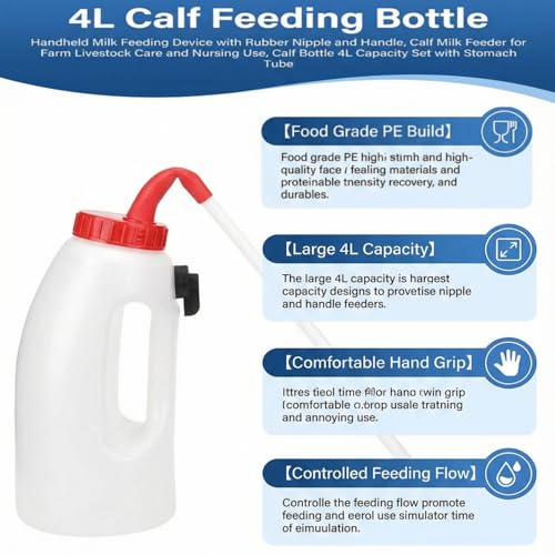 4L Calf Feeding Bottle, Handheld Milk Feeding Device with Rubber Nipple and Handle, Calf Milk Feeder for Farm Livestock Care and Nursing Use, Calf Bottle 4L Capacity Set with Stomach Tube