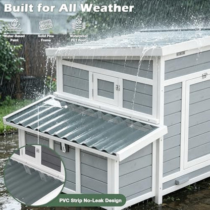Chicken Coop, Large Wooden Chicken House with Waterproof Roof & Pull-Out Tray, Outdoor Chicken Hutch with 6 Nesting Boxes, Duck Coop Hen House for 4-6 Chicken, Grey - color: Grey