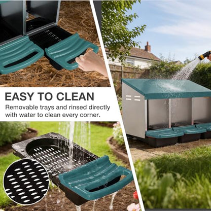 Chicken Nesting Boxes, 3 Compartments Egg Collection with Removable Drawer, Chicken Metal Laying Nest Box for Hens, Easy to Assemble, for Chicken Coop, Green - color: Green
