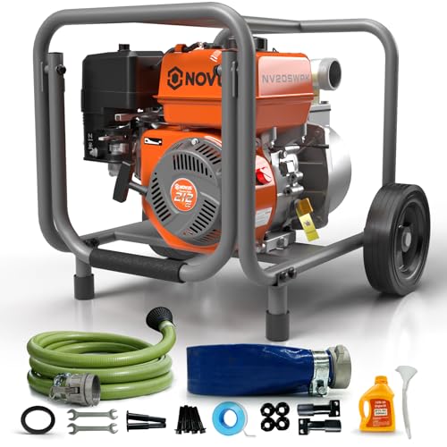 NOVUS 2-Inch Semi Trash Pump with Foldable Handle and Wheels, 212cc 4 Cycle Engine, 50ft Discharge Hose, 12ft Suction Hose with Quick Cam Lock Coupler,Gas Powered Irrigation Water Pump, EPA Certified - size: 2 Inch with Hose and Wheel