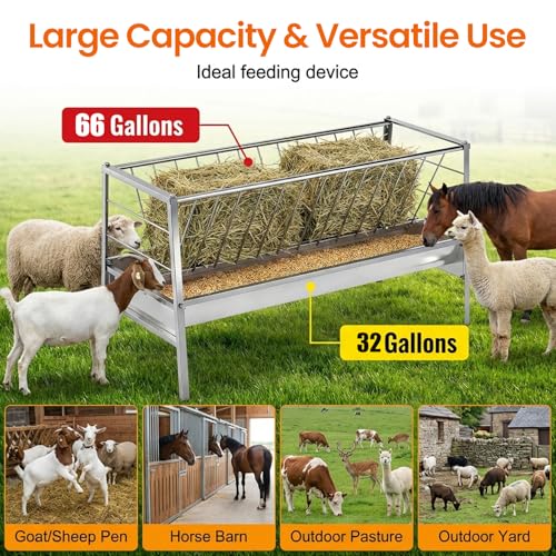 98 Gallon Goat Hay Feeder, Stainless Steel Hay Feeder, 3-in-1 Water, Grain& Feed Trough with 63" Long Hay Rack for Farm, Cow/Horse/Goat Feeders