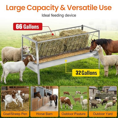 98 Gallon Goat Hay Feeder, Stainless Steel Hay Feeder, 3-in-1 Water, Grain& Feed Trough with 63" Long Hay Rack for Farm, Cow/Horse/Goat Feeders