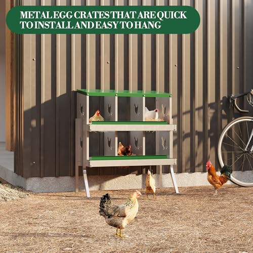 Chicken Nesting Box,6 Compartments Galvanized Steel Metal Chicken Laying Box with Roll Out Egg Collection,Wall Mount Chicken Nesting Boxes,Easy Egg Collection, Hen Roosting Boxes - color: Green, size: 6 Holes with Legs