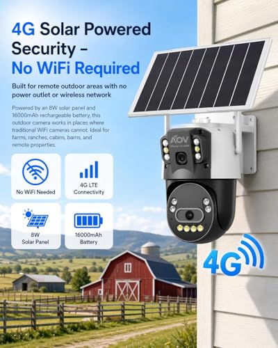 JideTech 4G LTE Solar Security Camera, Dual Lens 6MP PTZ Outdoor, 8W Solar Panel, 16000mAh Battery, AOV(Always-On Video), Colour Night Vision, AI Human Detection, Two-Way Audio (No WiFi)