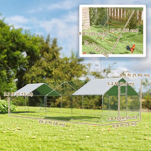 PawHut Large Metal Chicken Coop, Walk in Chicken Run with Waterproof & Anti-UV Cover, Feeding Door, Hanging Feeder, Perch, Outdoor Duck Cage Rabbit Hutch Pen, for 24-30 Poultries, 9.8' x 26.2' x 6.4' - size: 315.0"L x 118.1"W x 76.8"H