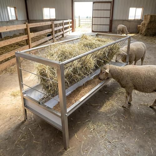 2-in-1 Livestock Hay Feeder & Grain Trough, 98 Gallon Large Capacity, 59 Inch Free-Standing Goat Hay Feeder, Stainless Steel Frame with Rubber Feed Tray, Multi-Sided Access, Outdoor Pasture Barn