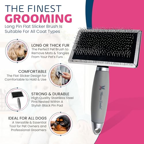 Warren London Long Pin Slicker Brush for Dogs – Professional Dog Grooming Brush for Doodles, Poodles & Long Coats – Removes Mats, Tangles & Loose Undercoat – Gentle Detangling with Comfort Gel Handle - style: Gel Handle