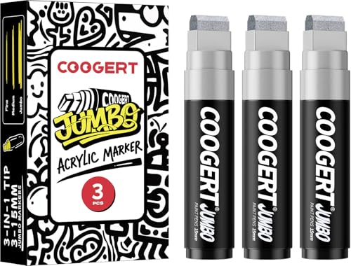 Coogert 3Pcs Silver Jumbo Poster Markers, 15MM Thick Permanent Acrylic Graffiti Markers, Wide Tip Paint Marker for Canvas, Posters Board, Fabric, Window, Glass, Wood, Teachers,Banner painting supplies - color: Silver