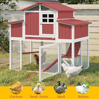 Large Chicken Coop Outdoor with Run, Hen House with Nesting Boxes, Rabbit Hutch Poultry Bunny Cage for 2-4 Chickens with Perches, Removable Tray (Red Chicken Coop 56.3" L x 35.24" W x 52.8" H)