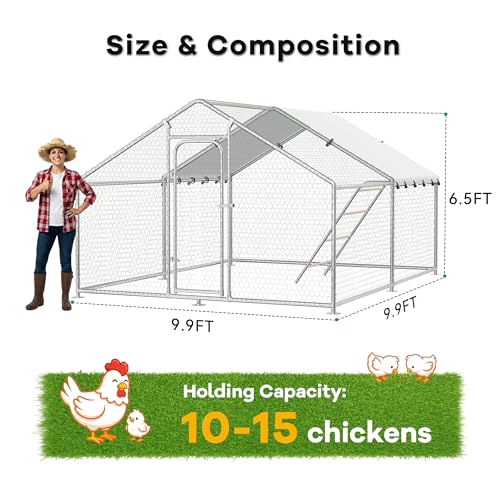 Large Metal Chicken Coop with Waterproof and UV-Resistant Cover,Chicken Run Outdoor Walk-in Cage Rabbit Duck Hen House for Yard Farm Use Spire Roof (10’ W x 9.9’ L x 6.4’ H) - size: 119.0"L x 119.0"W x 78.0"H