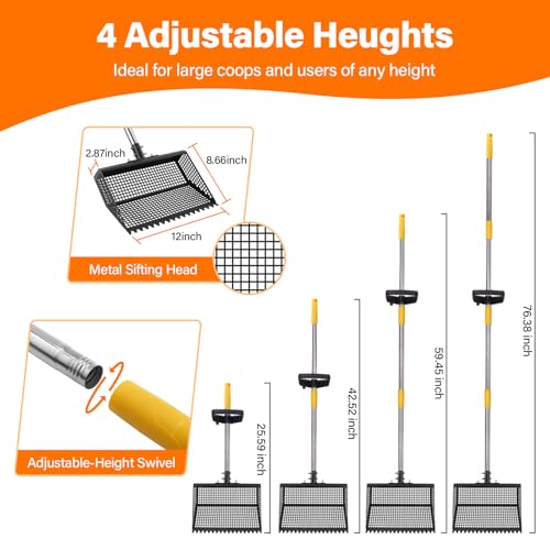 AsFrost 2-in-1 Chicken Poop Scooper & Rake,12" Heavy Duty Litter Scooper Sand Sifting Shovel for Chicken Coop & Pet Waste Cleaning, Adjustable 26" to 76" Stainless Steel Handle for Small Farm & Sand