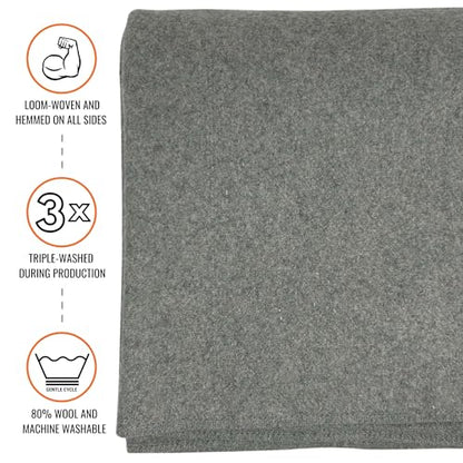 Arcturus Military Wool Blanket - Warm, Thick, Washable - Great for Outdoors, Camping, Stadium Blanket, Picnics, Travel - Car & Bushcraft Survival Kits - color: Stone Gray