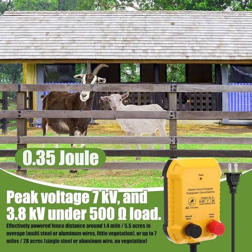 MorningRo Electric Wire Fence Kit, 7 Mile 110VAC 0.35 J Plug in Fence Charger with 3366 FT Polywire, 40 T Post Insulators, 20 Screw in Insulators for Pasture Farm Horse Cattle Poultry Fencing - size: 3366FT, style: 0.35J