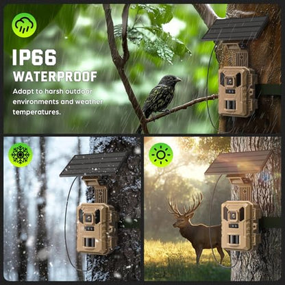 WiFi Trail Camera, 4K 64MP Game Cameras with Night Vision Motion Activated Waterproof IP66, 0.1s Trigger Trail cam with 32GB SD Card, Wildlife Camera with Built-in Battery Solar Panel