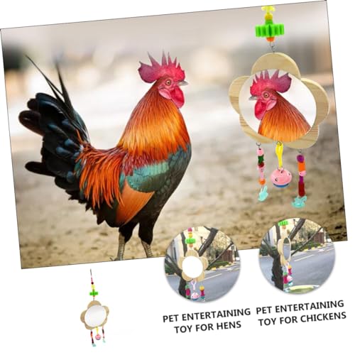Wooden Chicken Toy Mirror and Bell Pendant Hanging Pet Hen Mirror for Cage Enrichment Interactive Fun for Chickens and Accessories