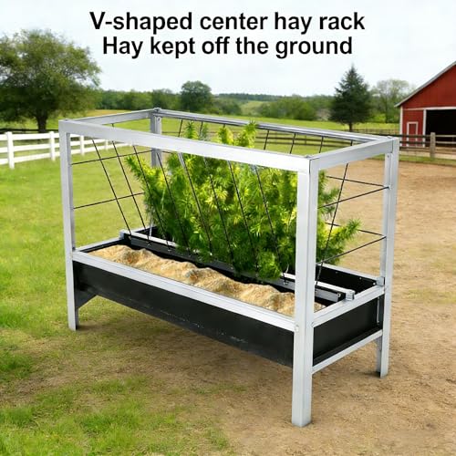 2-in-1 Livestock Feed Trough for Goats,Sheep,Sheds, 40''Large Capacity Hay and Grain Feeder, Heavy Duty Galvanized Steel, Anti-Tip Floor Standing Feeder for Farm Use