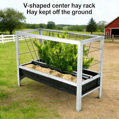 2-in-1 Livestock Feed Trough for Goats,Sheep,Sheds, 40''Large Capacity Hay and Grain Feeder, Heavy Duty Galvanized Steel, Anti-Tip Floor Standing Feeder for Farm Use