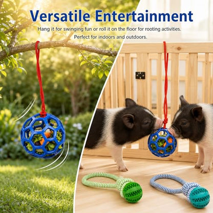 Ronyes 3Pcs Pig Enrichment Toys, Treat Dispenser Ball Toys for Mini Pigs and Farm, Hanging Chew Food Foraging Ball with Rope for Pigs, Pig Toys for Pet Pig