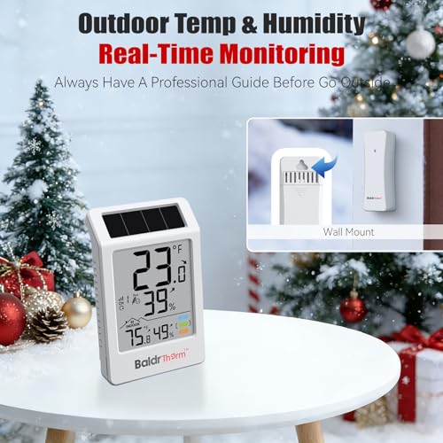 BaldrTherm Digital Hygrometer Indoor Outdoor Thermometer,Wireless Temperature Humidity Monitor with 330ft/100m Range, Multi-Zone Detection, Dual Power Supply & Trend Visualization, 1 Pack
