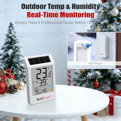 BaldrTherm Digital Hygrometer Indoor Outdoor Thermometer,Wireless Temperature Humidity Monitor with 330ft/100m Range, Multi-Zone Detection, Dual Power Supply & Trend Visualization, 1 Pack