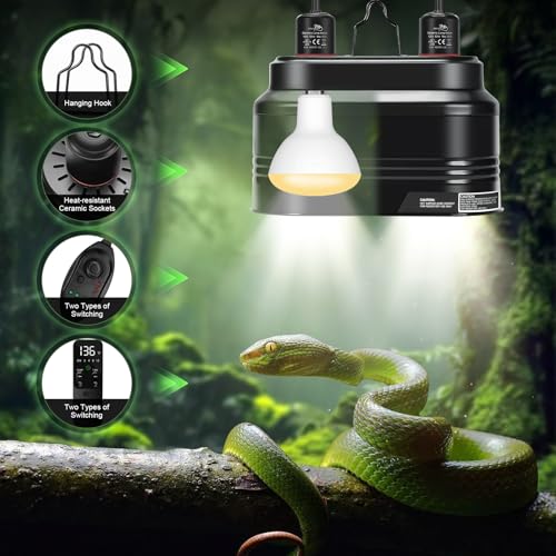 MECESOR Reptile Dual Light Fixture with Dimming Switch and Timer, Deep Dome Reptile Heat Lamp Fixture Double UVB Light Fixture, Double Dome Lamp Fixture for Basking Heat Bulb for Terrariums - style: Timer Switches