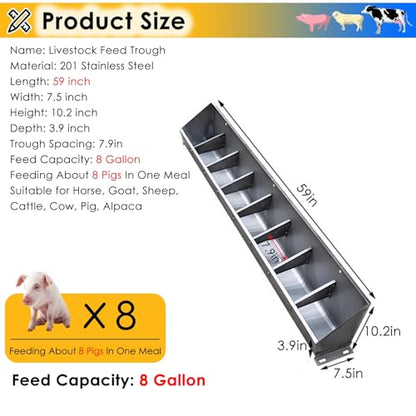 Heavy Duty 2 in 1 Livestock Feed Trough for Pigs, Sheep, Cattle & Goats - Stainless Steel Hanging Feeder, Sloped Design, Easy Access, 39.4" Long with 5 Compartments - size: 59 inch Long with 8 Bit