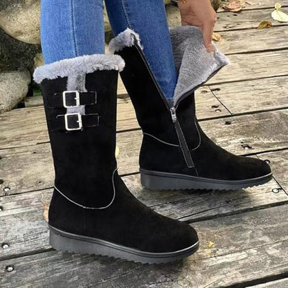 Women's Mid Length Boots Suede Snow Boots Metal Buckle Furry Wedges Booties Outdoor Thick Insulation Warm Plus Fleece shoes - color: Black, size: 9.5