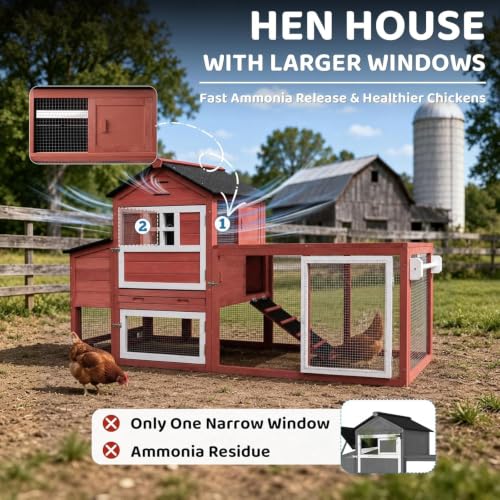 Chicken Coop with Wheels for 4-6 Chickens, Mobile Hen House with Run, Outdoor Chicken Coop, Ventilated Window, Easy-Clean Nesting Box, Weatherproof Asphalt Roof, 82.7” L x 25.6” W x 44.1” H, Red - color: Red