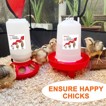 2-in-1 Chick Starter Set: 0.3 Gal Feeder & 0.4 Gal Waterer with Adjustable Legs for Baby Chicks, Hanging Hooks, Anti-Drown Design - BPA-Free Plastic (Red) - color: Red