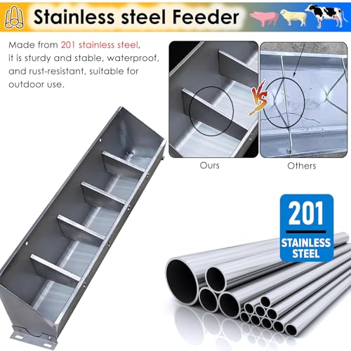 Hanging Heavy Duty Stainless Steel Livestock Feed Trough, 2-in-1 Sloped Opening Fence Feeder for Goats Pigs Sheep Cattle, Easy to Eat - size: 79 inch Long with 10 Bit
