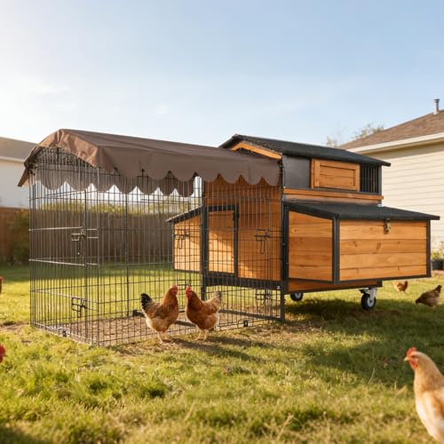 GUTINNEEN Large Chicken Coop with Run, Mobile Chicken Tractor for 6-8 Chickens, Upgraded Metal Frame Hen House with Wheels, 6 Nesting Boxes, Metal Pull-Out Tray, Asphalt Roof - size: 76.65"L x 53.81"W x 36.81"H