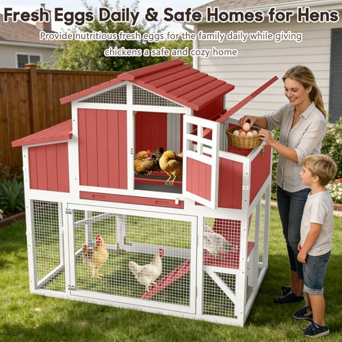 Large Wooden Chicken Coop for 2-6 Chickens, Outdoor Chicken House with 4 Nest Boxes, Hen House Poultry House Pet Hutch Chicken Cage with Waterproof Asphalt Roof, Ramp, Roosting Bars Red - color: Red