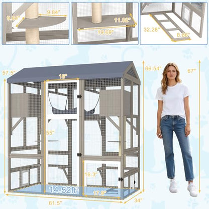 Ketive Catio Outdoor Cat Enclosure Large Walk-in Cat House with Gable Roof, Multi-Level Platforms, Cat Hammock & Litter Box Shelf, Elevated Wooden Cat Shelter for Multiple Cats - size: 61.5"L x 34"W x 66.54"H
