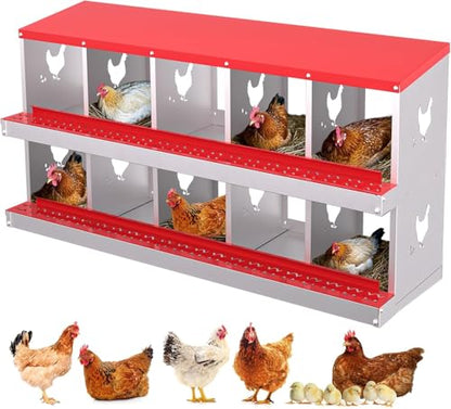 Chicken Nesting Box, 10 Compartment Metal Chicken Nesting Boxes for Chicken Coop, Large Vented Holes Chicken Laying Boxes with Rollout Egg Collection, Wall Mount Chickens Coops - color: Red, size: 10 Holes
