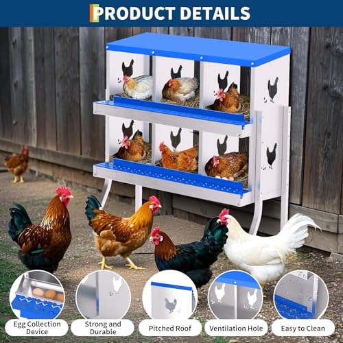 6 Compartment Chicken Nesting Box, Galvanized Steel Metal Laying Box with Removable Tray Roll-Out Egg Collection, Wall Mount Hen Roosting Box, Easy Egg Collection - color: Blue, size: 6 holes with legs
