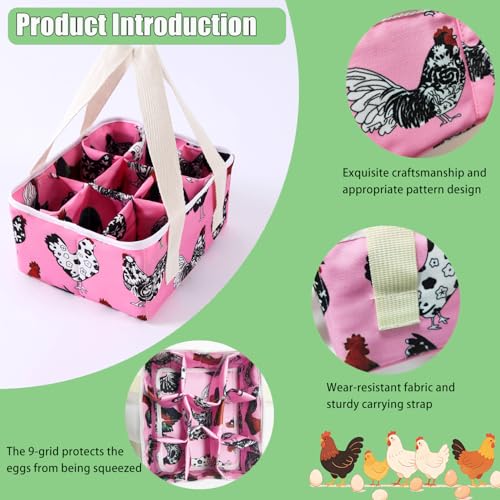 Eggs Collecting Basket, Durable Canvas Egg Basket with Plastic Board, 9-Pouch Chicken Egg Holder Bag for Gathering Fresh Eggs, Egg Gathering Basket and Multipurpose Chicken Holder Bag (Pink) - color: Pink