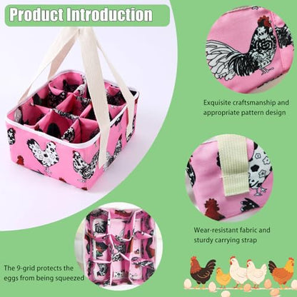 Eggs Collecting Basket, Durable Canvas Egg Basket with Plastic Board, 9-Pouch Chicken Egg Holder Bag for Gathering Fresh Eggs, Egg Gathering Basket and Multipurpose Chicken Holder Bag (Pink) - color: Pink