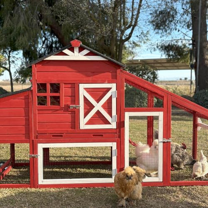 Aivituvin Chicken Coop Mobile Chicken House on Wheels Expandable Wooden Poultry Cage with Large Nesting Box Leakproof Pull-Out Tray Rabbit Hutch Bunny Cage,UV-Resistant Roof - size: Red 73.38"L x 27.9"W x 43.2"H