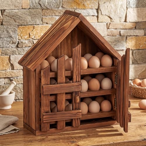 Remerry Wooden Egg Holder Countertop 3 Tier House Shape Fresh Egg Storage Pull out Eggs Racks Basket for Home Craft Room Farmhouse Kitchen Counter Organizer(36 Hole,with Door,Brown) - style: with Door