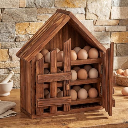 Remerry Wooden Egg Holder Countertop 3 Tier House Shape Fresh Egg Storage Pull out Eggs Racks Basket for Home Craft Room Farmhouse Kitchen Counter Organizer(36 Hole,with Door,Brown) - style: with Door