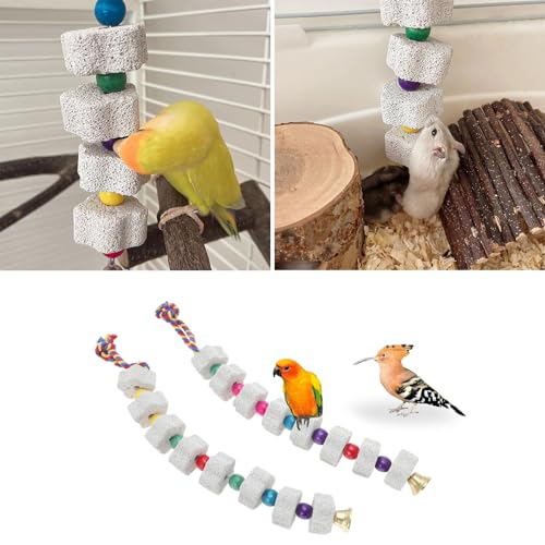 2 Pack Mineral Block Chicken Chewing Toy, KABASI Bird Beak Grinding Calcium Stone with Bells, Chicken Coop Accessories for African Grey, Budgies Cockatiels Parrot Hens Geese Ducks Hamster Rabbit