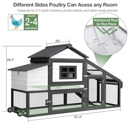 Mobile Chicken Coop for 2-4 Chickens with Wheels, Outdoor Hen House with Leak-Proof Tray, UV-Resistant Roof & Nesting Box for Chickens, Ducks, Rabbits (Black) - color: Black