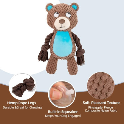 Plush Bear Dog Toy with Rope Arms, Squeaky Interactive Pet Toy, Brown and Blue, for Small & Medium Dogs - color: Brown