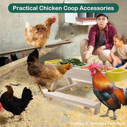 Boulphia Chicken Feeders and Waterers, Chicken Feeder No Waste Kit with Picnic Table and 2 Water Feeder, Handmade Wooden Chicken Supplies & Accessories for Chicken Coop - color: Natural Solid Wood