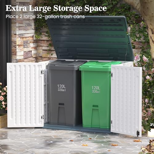 Amopatio Premium Resin Outdoor Storage Shed, 35 Cu Ft, White | Horizontal, Trash Can Storage, Weather Resistance, W/Lock, For Garbage Cans, Garden Tools, Lawn Mowers, Patio