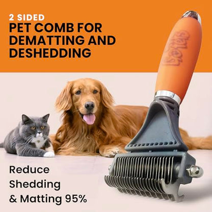GoPets 2-in-1 Dematting Comb for Dogs, Pet Grooming Rake, Double-Sided Dog Brush for Shedding, Deshedding Brush for Cats, Undercoat Mat Dematting Tool for Long Haired Cats, Grooming Matting Hair - style: 2-Sided Dematting Comb